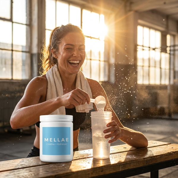 Woman mixing a Mellae Creatine + Hydration shake with a frozen splash in a sunlit gym