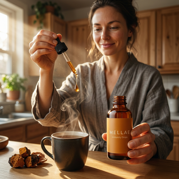 Woman adding Mellae Immunity Drops to steaming tea in a sunbeam kitchen