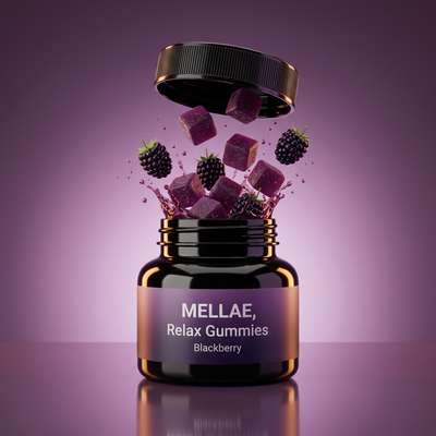 Mellae Relax Gummies jar with blackberries