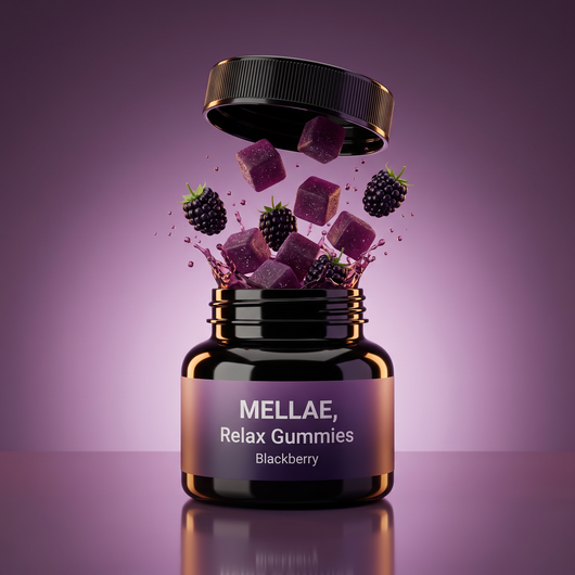 Mellae Relax Gummies jar with blackberries